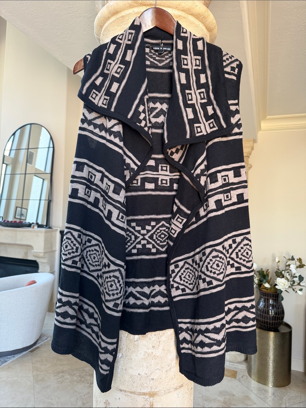 Draped Geometric Black & Cream Cotton Blend Open Cardigan Vest Size L